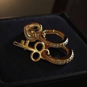 Huggie Hoop Earrings with heart and key charms